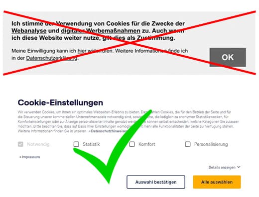 Cooki-Banner-Beispiele: falsch und richtig